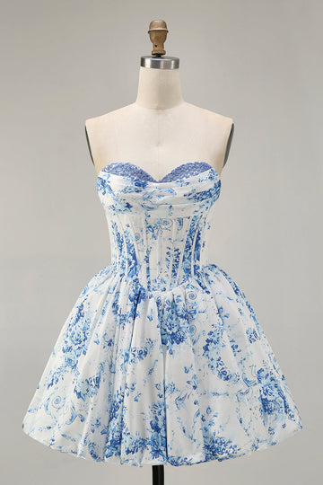 Strapless White Blue Flower Printed Corset A Line Homecoming Dress